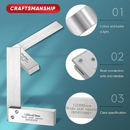 Frienda Machinist Square Set, 2", 3", 4" and 5" Squares Machinist Engineer Steel Benchmark Measure Tools High Precision 90 Degree Wide Base Tool L-Type Testing Measuring Tool