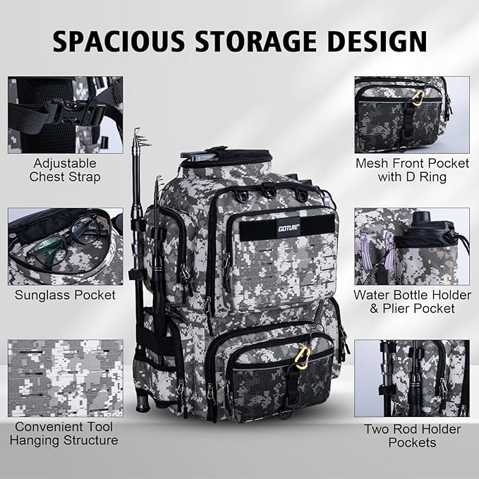 Goture Fishing Backpack, 900D Water-Resistant Tackle Backpack with Rod Holders, 45L Large Fishing Bag Storage Gear Tackle Bag with 8 Lure Pockets, Rain Cover for Camping Hiking(Without Tackle Box)