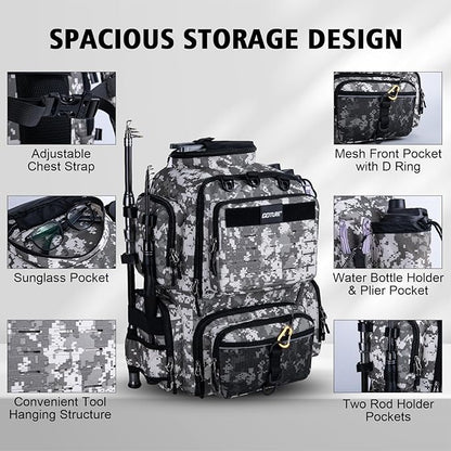 Goture Fishing Backpack, 900D Water-Resistant Tackle Backpack with Rod Holders, 45L Large Fishing Bag Storage Gear Tackle Bag with 8 Lure Pockets, Rain Cover for Camping Hiking(Without Tackle Box)