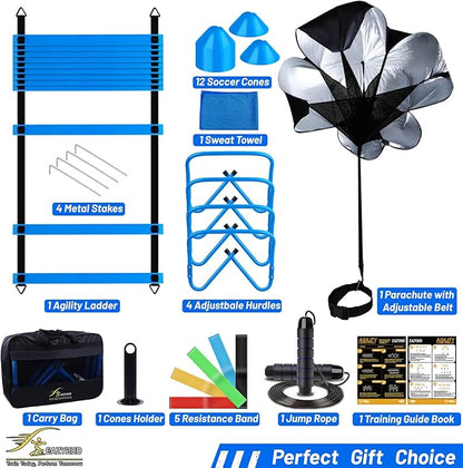 Eazy2hD Speed Agility Training Set- Agility Ladder,12 Cones, 4 Adjustable Hurdles,Parachute, Exercise Workout Equipment Boost Fitness & Increase Quick Footwork