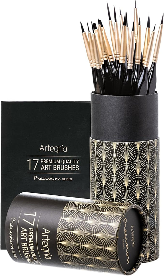 ARTEGRIA Detail Paint Brush Set, 17 Miniature Brushes with Fine Tips and Ergonomic Handles, for Small Scale Models, Figurines, Paint by Numbers for Adults