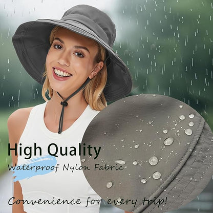 Sun Hats for Women Men UV Protection Wide Brim Bucket Hat with Ponytail Hole Waterproof Gardening Fold-Up Summer Cap