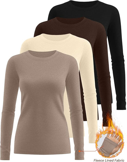 Neer 4 Pack Women's Fleece Thermal Long Sleeve Shirts, Thumb Holes Crew Neck Slim Fit Tops Warm Workout Basic Undershirt