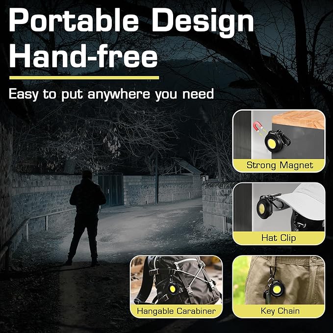 WORKPRO Mini Keychain Work Light, COB Keychain Flashlight with Hat Clip, Rechargeable Magnetic EDC Carabiner Flashlight, 3 Light Modes Emergency Light for Camping, Biking and Car Repairing, Black