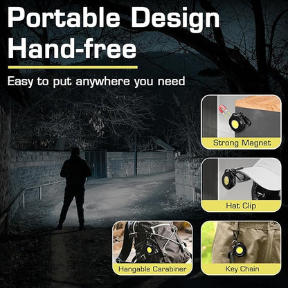WORKPRO Mini Keychain Work Light, COB Keychain Flashlight with Hat Clip, Rechargeable Magnetic EDC Carabiner Flashlight, 3 Light Modes Emergency Light for Camping, Biking and Car Repairing, Black