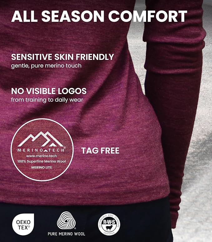 Merino Wool Base Layer Women - 100% Merino Wool Shirt Women Thermal Underwear Long Sleeve T-Shirt for Hiking