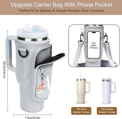 Initial Water Bottle Holder with Strap for Stanley 40 oz Tumbler/Simple Modern 40 oz Tumbler,Water Bottle Carrier Bag with Strap,Personalized A-Z Phone Pocket for Stanley Cup Accessories