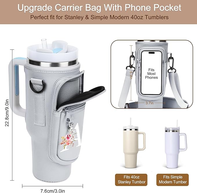 Initial Water Bottle Holder with Strap for Stanley 40 oz Tumbler/Simple Modern 40 oz Tumbler,Water Bottle Carrier Bag with Strap,Personalized A-Z Phone Pocket for Stanley Cup Accessories