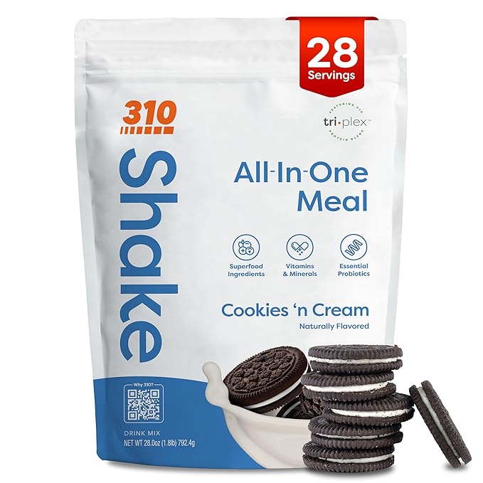310 Nutrition All-In-One Meal Replacement Shake Powder - Plant-Based Protein Smoothie Blend w/High Fiber, Probiotics & Adaptogens - Low Carb, Vegan, Keto & Paleo Friendly - Cookies N Cream - 28 Srv