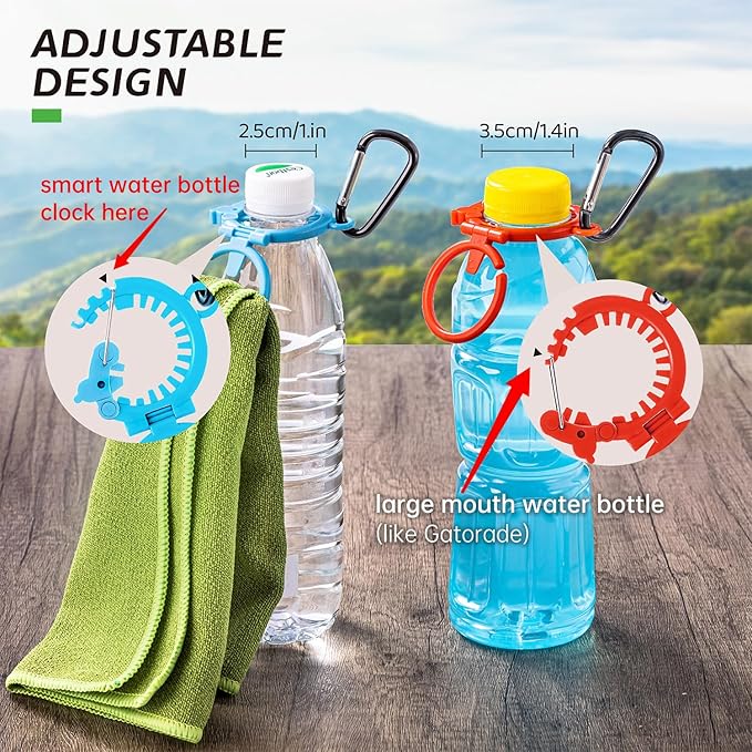 Durable Water Bottle Holder with Carabiner Hook,Towel Loop,Hat Clip,Patented Fluorescent Design for 1.0-1.4(in) Diameter Bottles,Heavy Duty Outdoor Water Bottle Clip for Camping,Travel and Daily Use