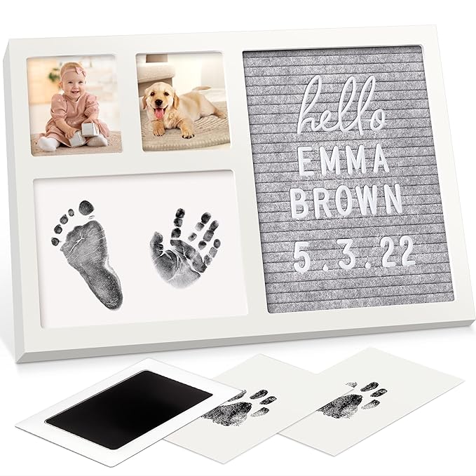 Baby Hand & Footprint Kit with Felt Letterboard, Inkless Ink Pad - Personalized New Mom Gifts for Baby Announcement, Cute Nursery Newborn Picture Frame,Ideal Dog Nose & Paw Print Kit(Alpine White)