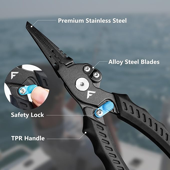 FLISSA 7-1/2 Inch Fishing Pliers, Safety Lock Design Fish Pliers Saltwater with TPR Handle, Stainless Steel hook remover with Braid Cutters, Sheath and Lanyard, Fishing Tool Gifts for Men