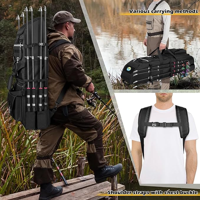Fishing Rod Bag Backpack Holds 8 Rods & Reels, Fishing Tackle Bag with Compartment for Tackle Boxes, Fishing Gear or Equipment, Fishing Pole Carrying Bag with Tactical Molle System