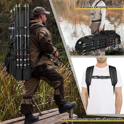 Fishing Rod Bag Backpack Holds 8 Rods & Reels, Fishing Tackle Bag with Compartment for Tackle Boxes, Fishing Gear or Equipment, Fishing Pole Carrying Bag with Tactical Molle System
