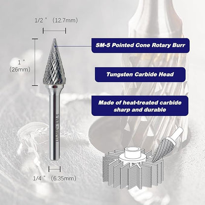 LU&MN SM-5 Tungsten Carbide Burr Rotary File 25 Degree Pointed Cone Shape Double Cut with 1/4''Shank for Die Grinder Drill Bit, 1/4'' Diameter of Shank, 1/2'' Diameter of Cutter 1'' Cutter Length