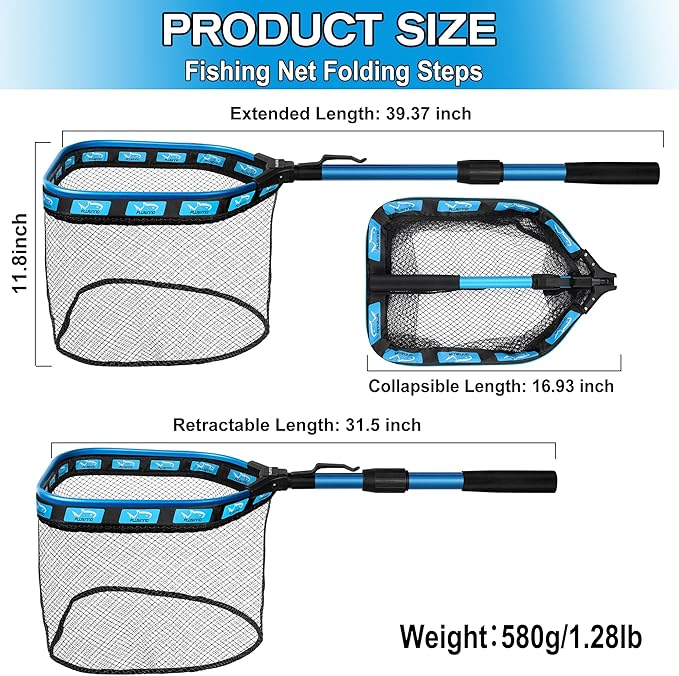 PLUSINNO Floating Fishing Net for Steelhead, Salmon, Fly, Kayak, Catfish, Bass, Trout Fishing, Rubber Coated Landing Net for Easy Catch & Release, Compact & Foldable for Easy Transportation & Storage