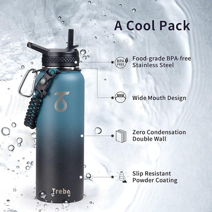 Trebo Water Bottle Insulated 40oz with Paracord Handle, Vacuum Double Wall Stainless Steel Water Jug, 48hr Cold Retention, Leakproof BPA-Free Flask With 3 Lids Fits in Car Cup Holder, Indigo/Black