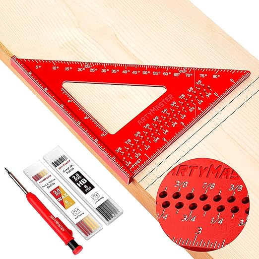 7 inch Carpenter Square, 1/16" Precision Hole Scribing Square Tools, 0-90° Aluminum Alloy Rafter Square, Woodworking Square & Carpenter Pencils 12 Refills AM13E