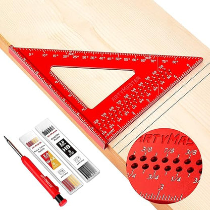 7 inch Carpenter Square, 1/16" Precision Hole Scribing Square Tools, 0-90° Aluminum Alloy Rafter Square, Woodworking Square & Carpenter Pencils 12 Refills AM13E