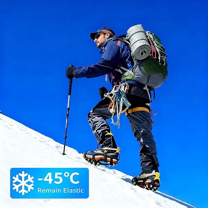 Crampons Ice Cleats for Shoes and Boots Snow Traction Cleats for Walking on Snow and Ice 9 Point Cleats Non-Slip Grippers Overshoe Silicone Stretch Footwear for Winter Hiking Climbing Ice Fishing