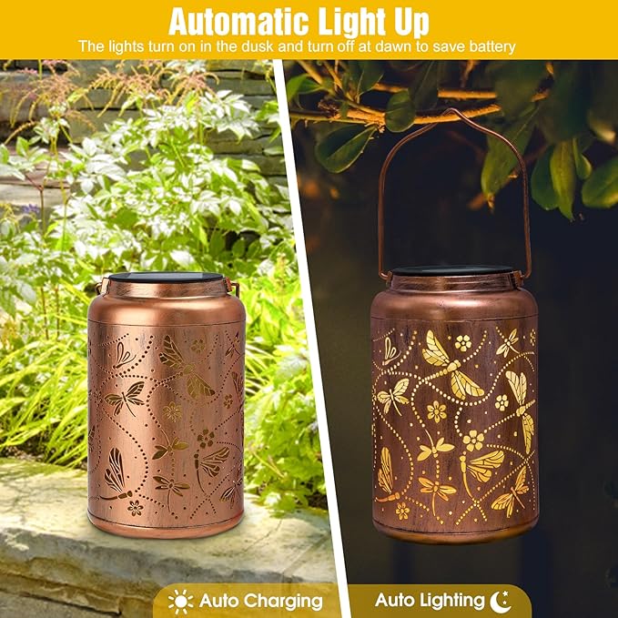 Birthday Gifts for Woman Dragonfly Solar Lanterns Outdoor Waterproof, Dragonfly Gardening Metal Decorative Hanging Lanterns Mothers Day Gifts for Yard/Garden Decor
