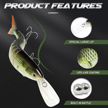 GOTOUR Fishing Lures for Freshwater or Saltwater, Easy to Use for Family Fishing Beginner and Pros, Most Lifelike Jointed Swimbait，Slow Sinking Bass Pike Panfish Walleye Lures, Fishing Gifts for Men