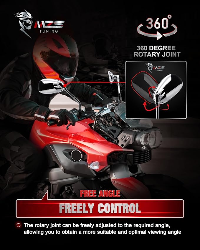 MZS Motorcycle Mirrors Chrome, Universal 10MM 8MM Rear View Side Mirror 360 Degree Adjustable Handlebar Compatible with Street Bike Cruiser Touring Chopper Scooter GY6