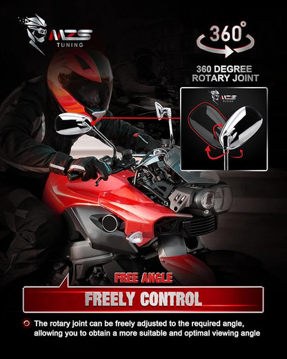 MZS Motorcycle Mirrors Chrome, Universal 10MM 8MM Rear View Side Mirror 360 Degree Adjustable Handlebar Compatible with Street Bike Cruiser Touring Chopper Scooter GY6