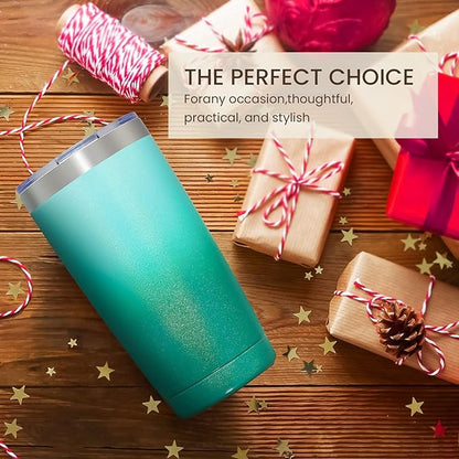 MEWAY 20oz Tumbler 4 Pack Double Wall Vacuum Insulated Travel Glitter Mug Bulk, Stainless Steel Tumblers with Lid and Straw, Powder Coated Coffee Cups for Woman(Gradient Green,Set of 4)