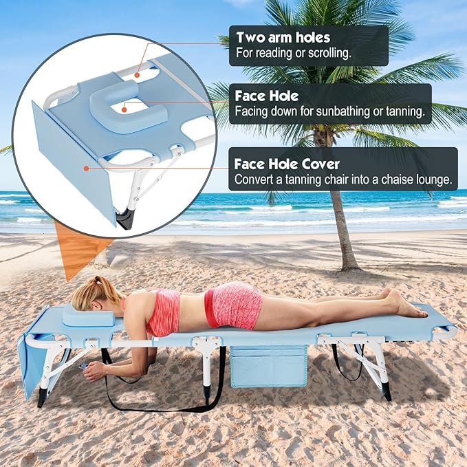 MOPHOTO Tanning Chair, Outdoor Sunbathing Lounge Chair 5-Position, Folding Chaise Lounger, Sun Tanning Lounger with Face Hole, Perfect for Pool Beach Patio