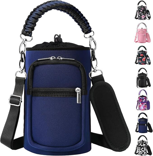 32/40/64/128 oz Neoprene Insulated Water Bottle Carrier Bag, Sling Bag Sleeve Pouch Holder with Strap & Paracord Handle and 2 Pocket for Travelling, Hiking, Camping