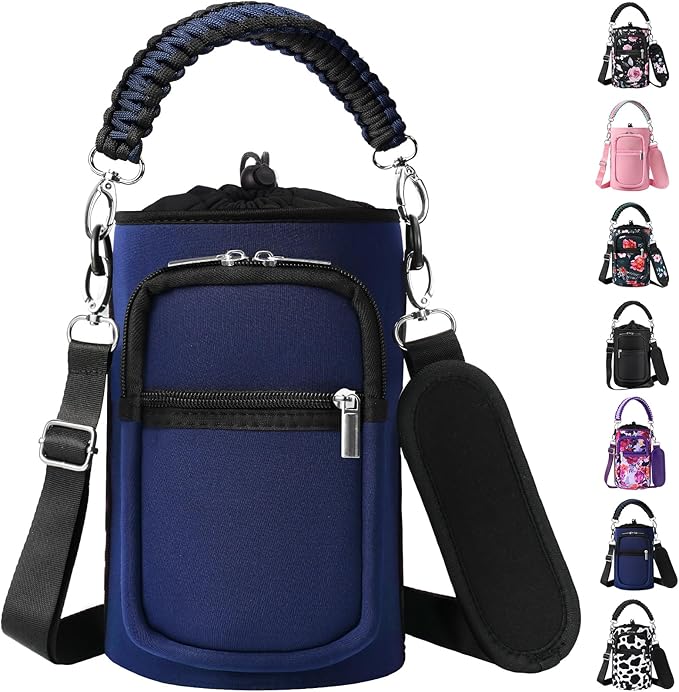 32/40/64/128 oz Neoprene Insulated Water Bottle Carrier Bag, Sling Bag Sleeve Pouch Holder with Strap & Paracord Handle and 2 Pocket for Travelling, Hiking, Camping