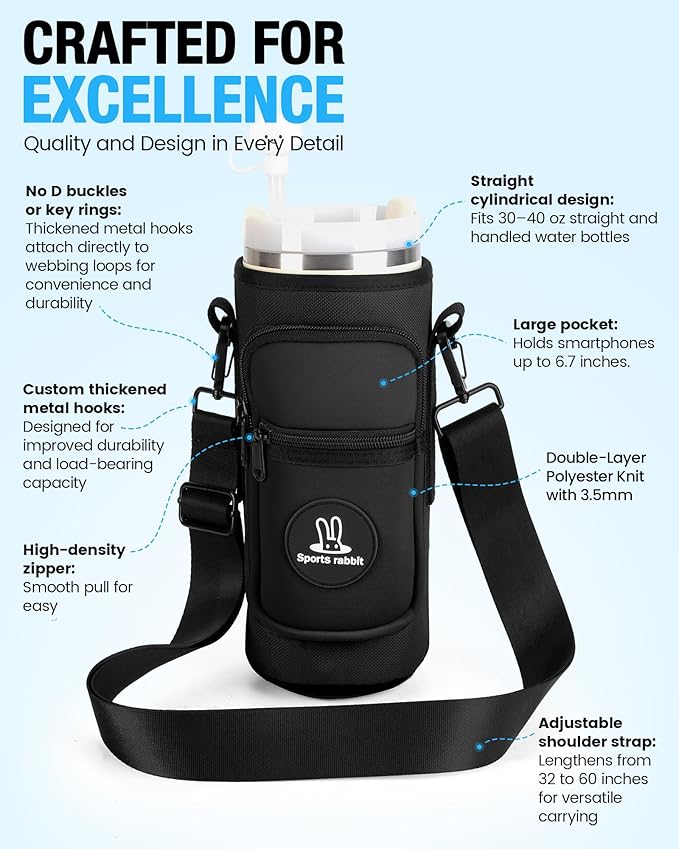 Sports rabbit Universal Water Bottle Holder – Durable Oxford & Neoprene Hybrid Design Compatible with Stanley 30/40oz Handled & 64/87oz Straight Tumblers, Adjustable Strap for Gym, Travel, Outdoors
