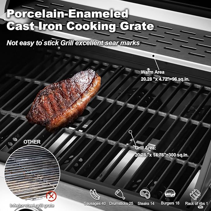 MELLCOM Upgraded 36,000 BTU Stainless Steel Burner Propane Grill, 3 Burner BBQ Barbecue Gas Grill with Cast Iron Grates & Side Stove for Patio, Camping, Outdoor Cooking