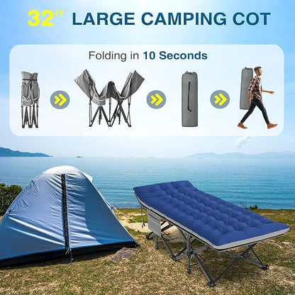 ZENPETIO Oversized XXL Folding Camping Cot, Heavy Duty Sleeping Cot for Adults with Mattress and Pillow, Portable Cot Bed with Carry Bag for Outdoor Camp Travel Home Guest Office, 78x32x18