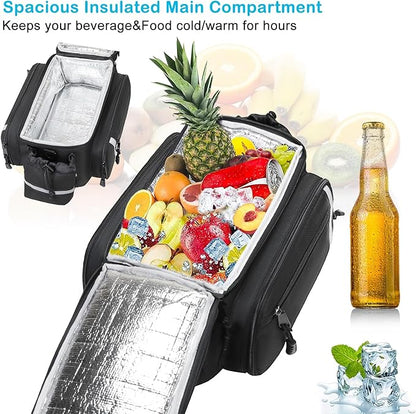 MOSISO Bike Rack Bag with Rain Cover, Bike Trunk Cooler Handag Insulated Bicycle Rear Seat Pouch with 2 Side Foldable Panniers, 8L Cycling Backseat Storage Cargo Saddle Shoulder Bag, Black