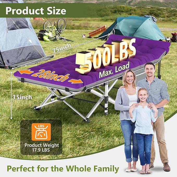 Slendor Folding Camping Cot with Mattress, 74" L x 28" W x 15" H Camp Cots for Adults, Portable Sleeping Cot Bed for Tent, Office, Travel, Max. 500lbs Load, Striated Gray Cot, Gray+Purple Pad