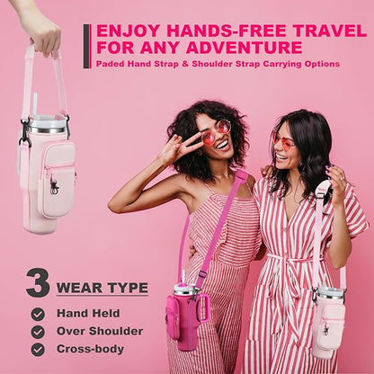 Water Bottle Carrier Bag with Phone Pocket for Stanley 40 & 30 oz Tumbler with Handle,Pink Insulated Neoprene Cup Holder Pouch w/Adjustable Strap for Quencher H2.0 Stanley Cup Accessories