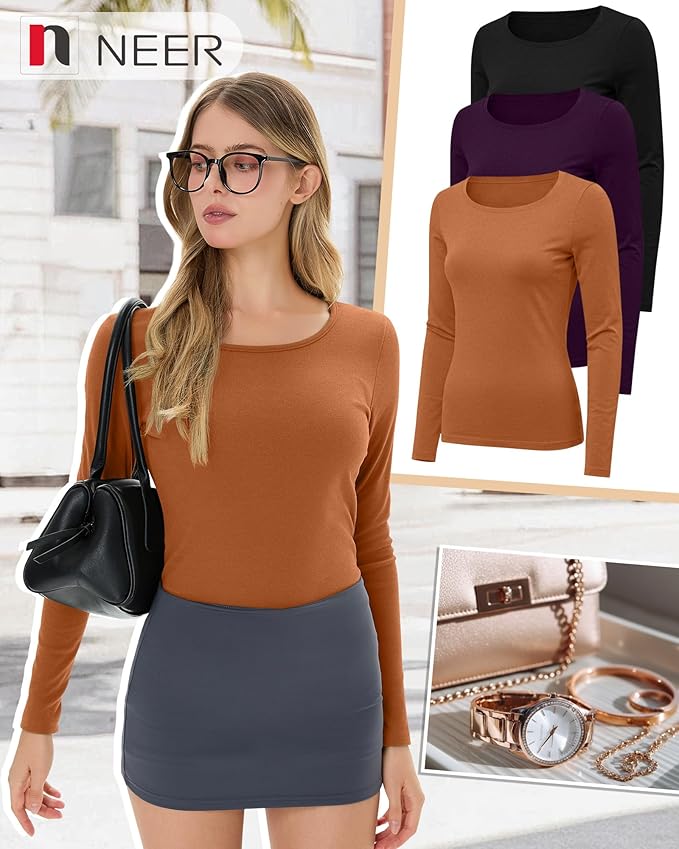 Neer 3 Pack Women's Thermal Shirts Long Sleeve Crew Neck Fleece Lined Undershirts Slim Fit Basic Tops Winter Base Layer
