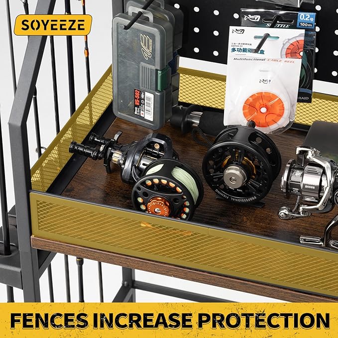 SOYEEZE Fishing Rod Holders for Garage, 3-Tier Fishing Pole Rack with Pegboard and Metal Mesh Fence, Fishing Gear Organizer with Hooks Up to 12 Rods, Rolling Fishing Storage Cart with Lockable Wheels