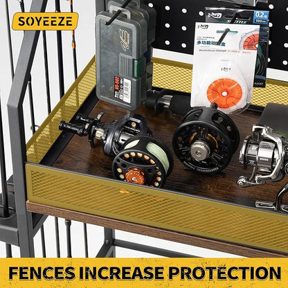 SOYEEZE Fishing Rod Holders for Garage, 3-Tier Fishing Pole Rack with Pegboard and Metal Mesh Fence, Fishing Gear Organizer with Hooks Up to 12 Rods, Rolling Fishing Storage Cart with Lockable Wheels