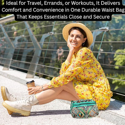 Yewande&co Neoprene Fanny Pack Belt Bag – Lightweight Waterproof Waist Bag with Adjustable Strap, 3 Zippered Pockets, Crossbody Belt Bag for Travel, African Design Crossbody Bags (Forest)