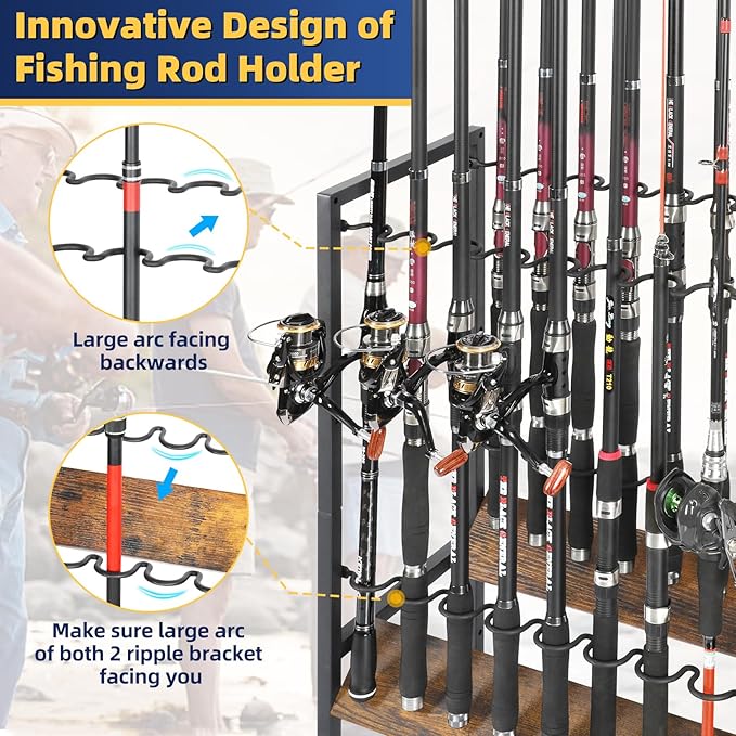 Olakee Fishing Rod Holder, Fishing Pole Holders for Garage Boat Home Entryway Fishing Gear Storage with Tackle Cart Ideal Gift for Men Dad Anglers Corner Design for Rods and Equipment Organizers