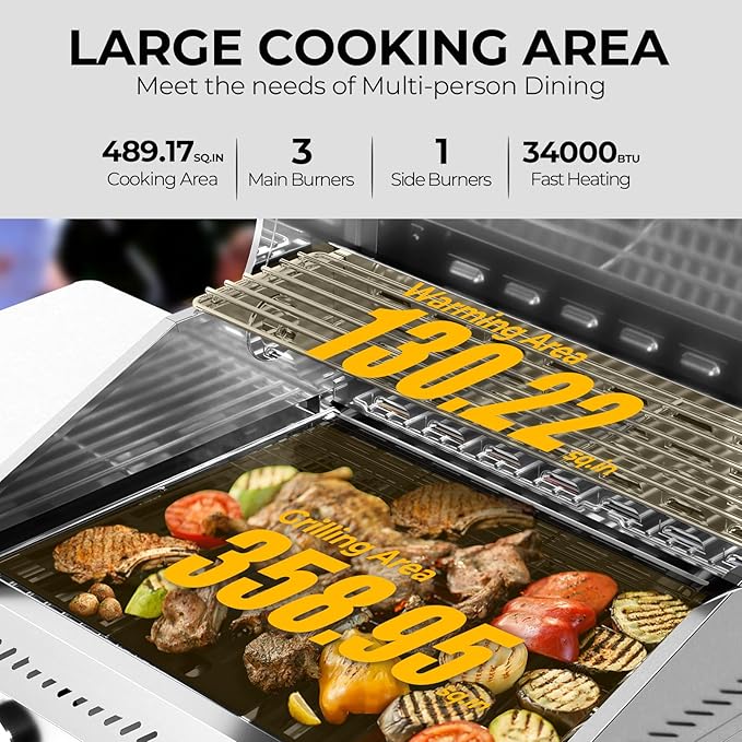 G31 pro Gas Grill 34,000 BTU 3-Burner Propane Grill with Side Burner, Stainless Steel BBQ Grill, Cast Iron Grates & Portable Cart with Wheels，Outdoor Barbecue Grill for Backyard, Patio, Camping