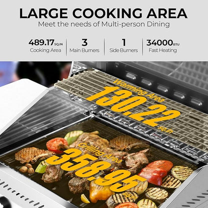 G31 pro Gas Grill 34,000 BTU 3-Burner Propane Grill with Side Burner, Stainless Steel BBQ Grill, Cast Iron Grates & Portable Cart with Wheels，Outdoor Barbecue Grill for Backyard, Patio, Camping