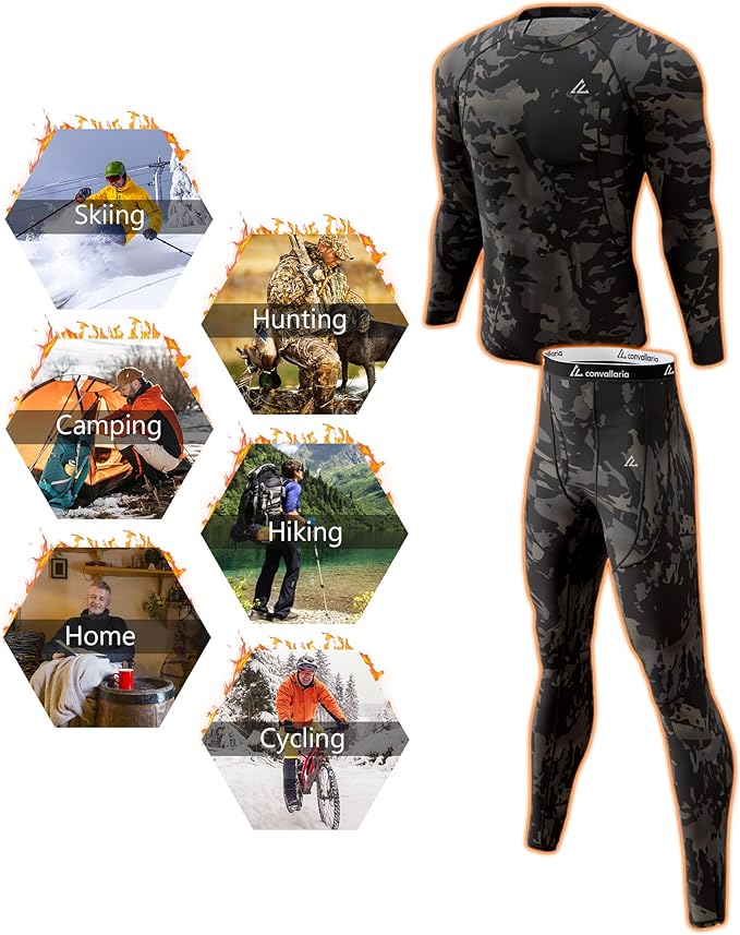 CL convallaria 2 Pack Mens Thermal Underwear Fleece Lined Long Johns Winter Base Layer Cold Weather Hunting Gear