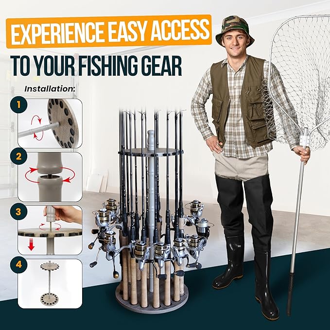 Rush Creek Creations | Fishing Rod Holder for 16 Fishing Poles, Garage Organization and Storage, for Reels, Gear, Accessories, Tackle Box