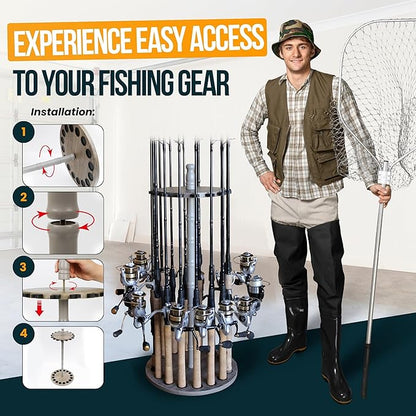 Rush Creek Creations | Fishing Rod Holder for 16 Fishing Poles, Garage Organization and Storage, for Reels, Gear, Accessories, Tackle Box