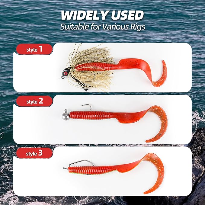 Curly Style Tail Worms Fishing Lures – Realistic Wavy Tail Soft Bait Grub Swimbaits for Saltwater & Freshwater Fishing, Available in 4 Inch & 6 Inch, Perfect for Bass, Trout, Crappie, & More