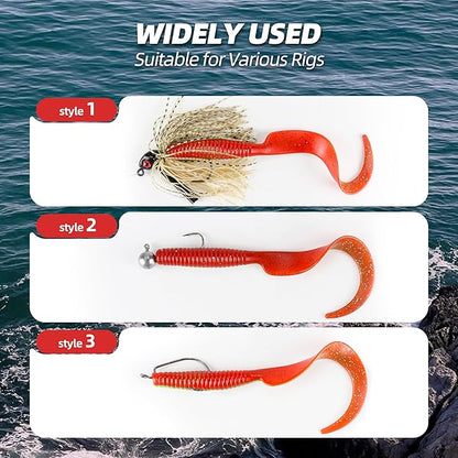 Curly Style Tail Worms Fishing Lures – Realistic Wavy Tail Soft Bait Grub Swimbaits for Saltwater & Freshwater Fishing, Available in 4 Inch & 6 Inch, Perfect for Bass, Trout, Crappie, & More